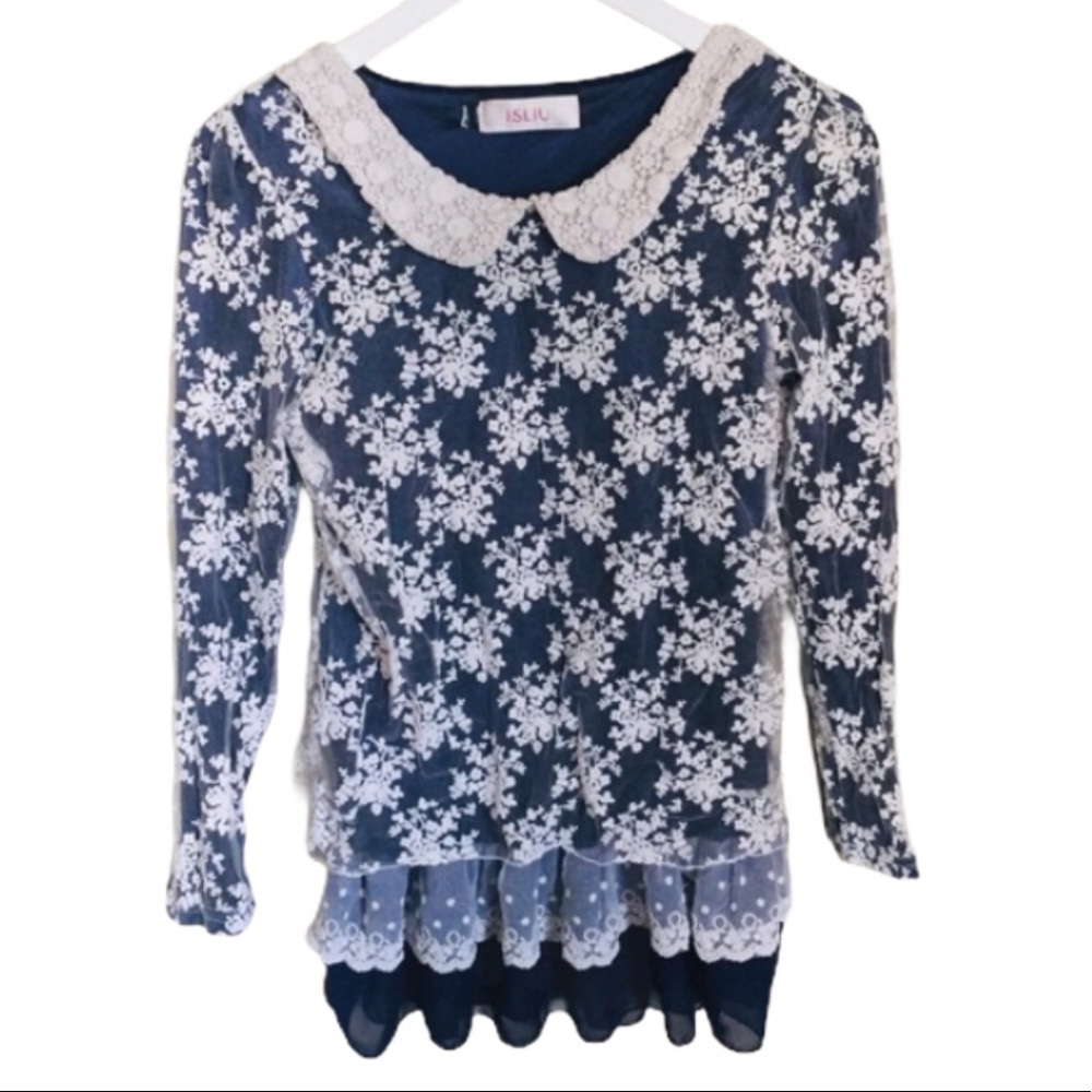 iSLiU Navy Blue Lace Overlay Tunic Peter Pan Collar Blouse Small Bohemian Y2K